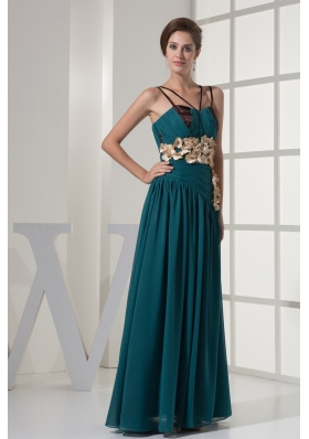 Column V-neck Chiffon Prom Gown with Hand Made Flowers