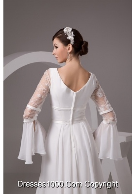 Column V-neck Flounced Long Sleeve White Bridal Dress with Embroidery