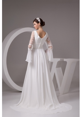 Column V-neck Flounced Long Sleeve White Bridal Dress with Embroidery