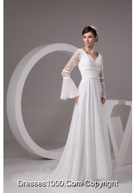 Column V-neck Flounced Long Sleeve White Bridal Dress with Embroidery