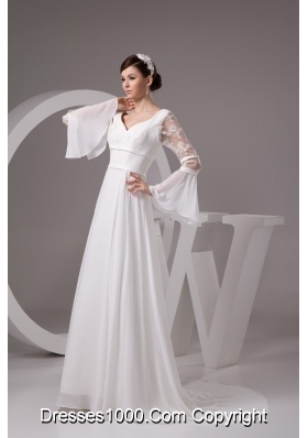 Column V-neck Flounced Long Sleeve White Bridal Dress with Embroidery