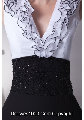 Column White and Black V-neck Ruffles Beading Prom Dresses