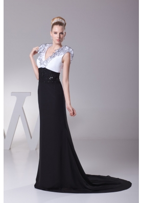 Column White and Black V-neck Ruffles Beading Prom Dresses