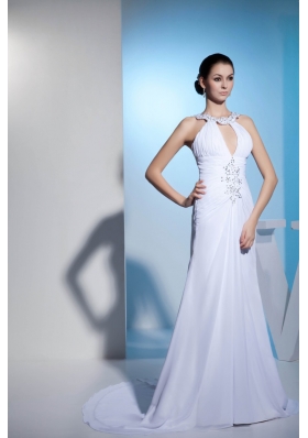 Court Train Beaded Ruched White Wedding Dress with Cutouts