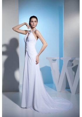 Court Train Beaded Ruched White Wedding Dress with Cutouts