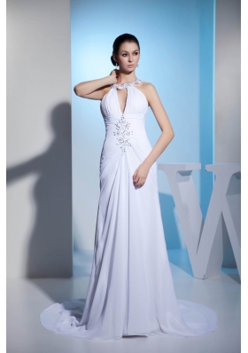 Court Train Beaded Ruched White Wedding Dress with Cutouts