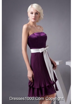 Eggplant Purple Knee-length Prom Gown Dress with Sash and Pleats