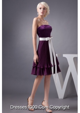 Eggplant Purple Knee-length Prom Gown Dress with Sash and Pleats