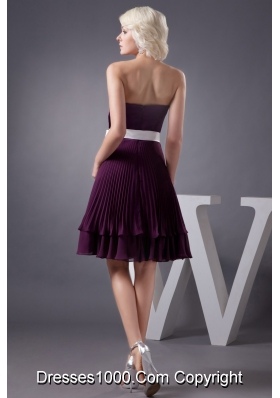 Eggplant Purple Knee-length Prom Gown Dress with Sash and Pleats