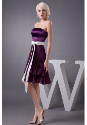 Eggplant Purple Knee-length Prom Gown Dress with Sash and Pleats