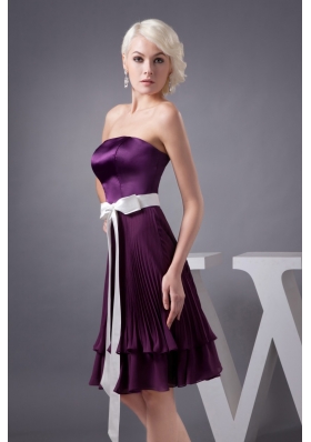 Eggplant Purple Knee-length Prom Gown Dress with Sash and Pleats