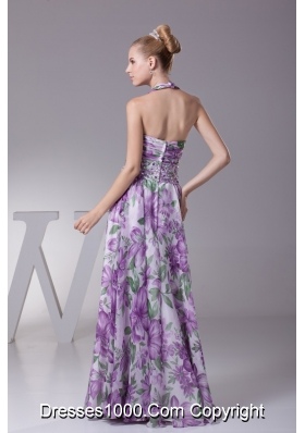 Fashion Multi-color Halter Printing Ruching Prom Dresses