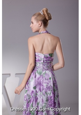 Fashion Multi-color Halter Printing Ruching Prom Dresses