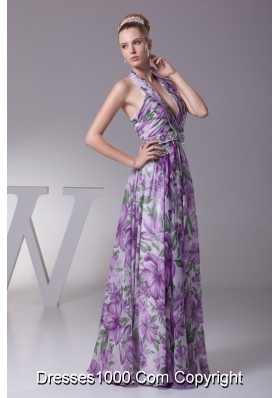 Fashion Multi-color Halter Printing Ruching Prom Dresses