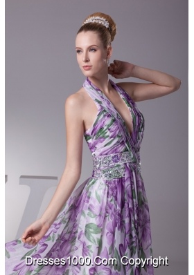 Fashion Multi-color Halter Printing Ruching Prom Dresses