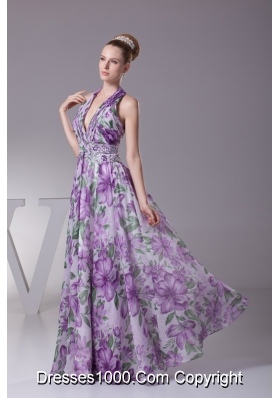 Fashion Multi-color Halter Printing Ruching Prom Dresses