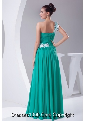 Floral Appliques One Shoulder Pleated Column Chiffon Prom Gowns