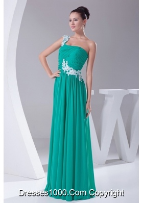 Floral Appliques One Shoulder Pleated Column Chiffon Prom Gowns