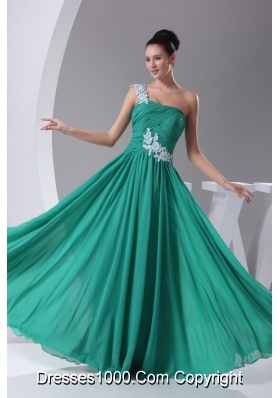 Floral Appliques One Shoulder Pleated Column Chiffon Prom Gowns