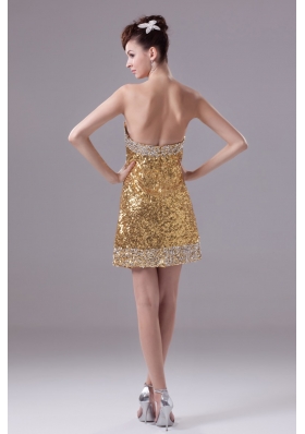 Gold Mini-length Column Sequin Prom Dress Decorated with Beadings