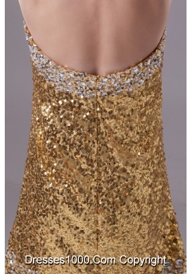 Gold Mini-length Column Sequin Prom Dress Decorated with Beadings