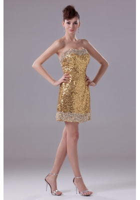 Gold Mini-length Column Sequin Prom Dress Decorated with Beadings