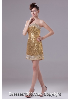 Gold Mini-length Column Sequin Prom Dress Decorated with Beadings