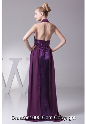 Halter Plunging Neckline Cool Back Prom Dress with Beaded and Appliqued Sash