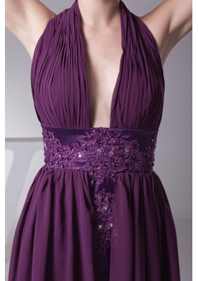 Halter Plunging Neckline Cool Back Prom Dress with Beaded and Appliqued Sash