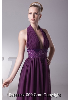 Halter Plunging Neckline Cool Back Prom Dress with Beaded and Appliqued Sash