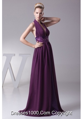 Halter Plunging Neckline Cool Back Prom Dress with Beaded and Appliqued Sash