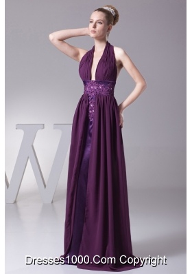 Halter Plunging Neckline Cool Back Prom Dress with Beaded and Appliqued Sash