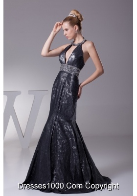 Halter Top Plunging Neckline Mermaid Prom Gown with Beaded Sash