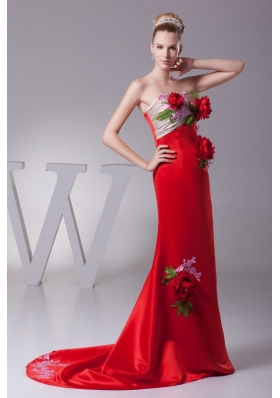 Hand Made Flowers Prom Ruching Strapless Dress with Brush Train