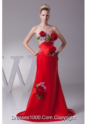 Hand Made Flowers Prom Ruching Strapless Dress with Brush Train