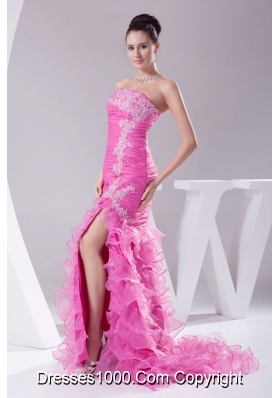 High Low Strapless Slit Prom Gowns with Ruffled Layers Brush Train