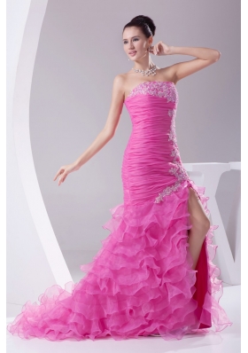 High Low Strapless Slit Prom Gowns with Ruffled Layers Brush Train