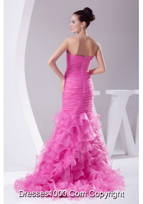 High Low Strapless Slit Prom Gowns with Ruffled Layers Brush Train