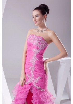 High Low Strapless Slit Prom Gowns with Ruffled Layers Brush Train