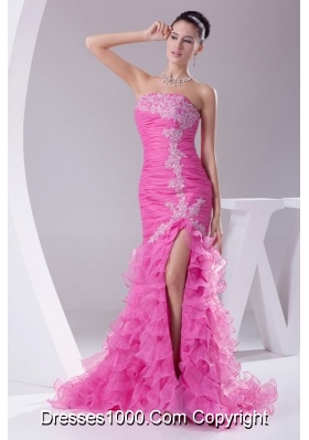 High Low Strapless Slit Prom Gowns with Ruffled Layers Brush Train