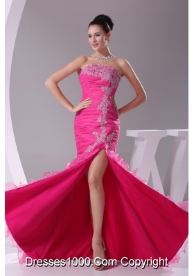 High Low Strapless Slit Prom Gowns with Ruffled Layers Brush Train