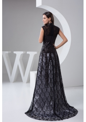 High-neck Column Brush Train Beaded Black Lace Prom Dress