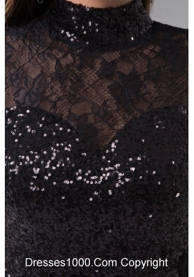 High-neck Column Brush Train Beaded Black Lace Prom Dress