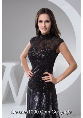 High-neck Column Brush Train Beaded Black Lace Prom Dress