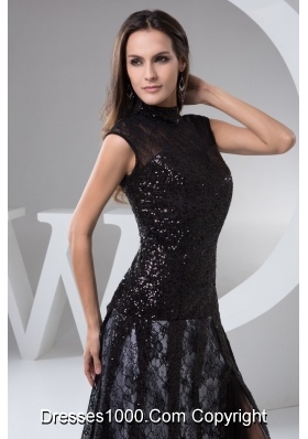 High-neck Column Brush Train Beaded Black Lace Prom Dress