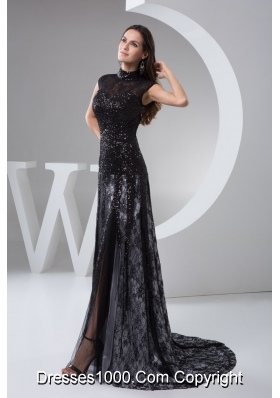 High-neck Column Brush Train Beaded Black Lace Prom Dress