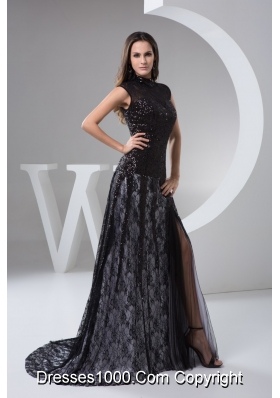 High-neck Column Brush Train Beaded Black Lace Prom Dress