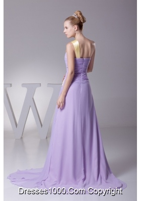 Lavender One Shoulder Ruched Brush Train Prom Dress