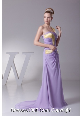 Lavender One Shoulder Ruched Brush Train Prom Dress