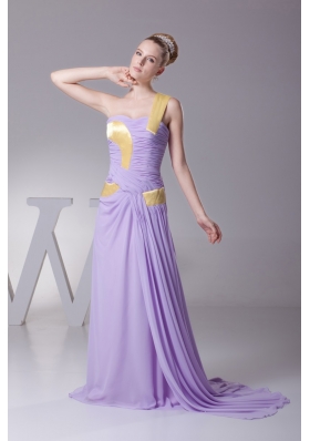 Lavender One Shoulder Ruched Brush Train Prom Dress